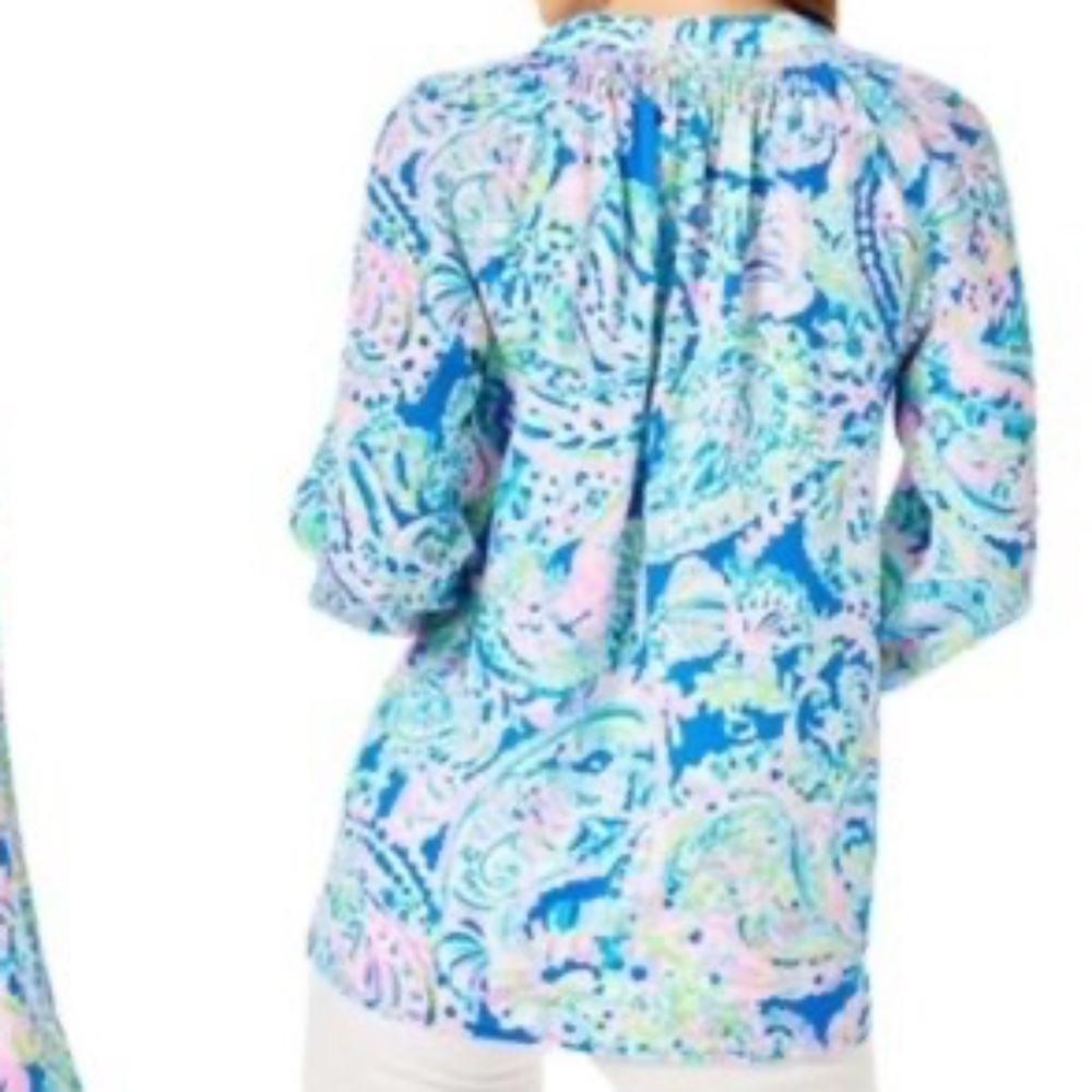 Lilly Pulitzer Elsa silk top Dream Team paisley leaves starfish lobsters shells - Picture 2 of 10